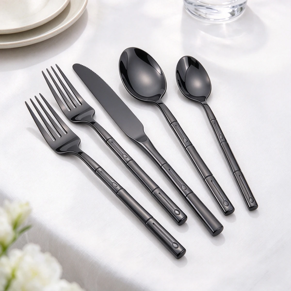 Bamboo Cutlery - 5-częściowy zestaw sztućców: nóż, widelec, łyżka,