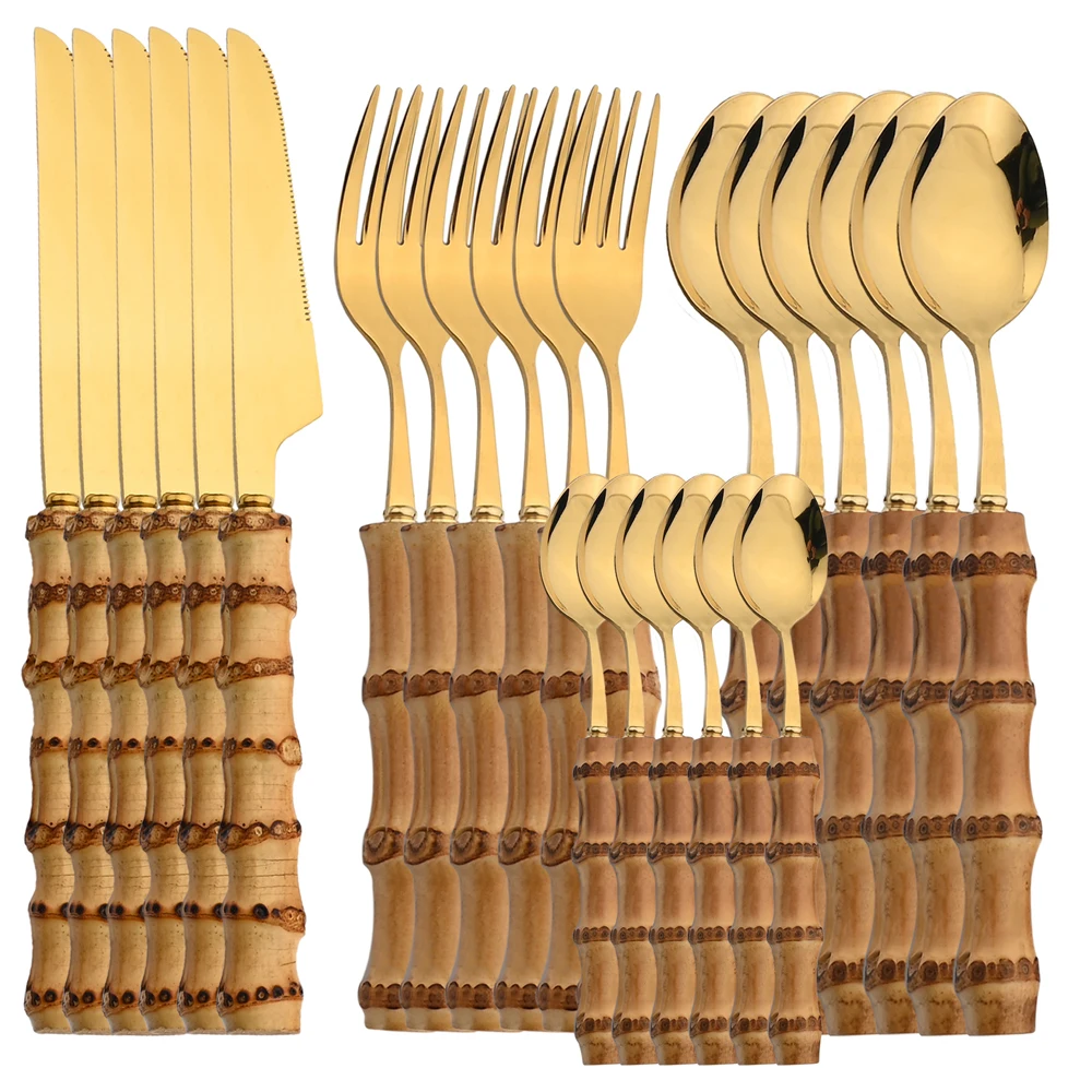 Bamboo Cutlery - 24 szt. Sztućce ze stali nierdzewnej